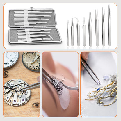 Precision Tweezers Set, 8PCS Stainless Steel Tweezers, soldering tweezers,for Craft, beauty care、Electronics, Soldering, Experimental Work, Jewelry-Making