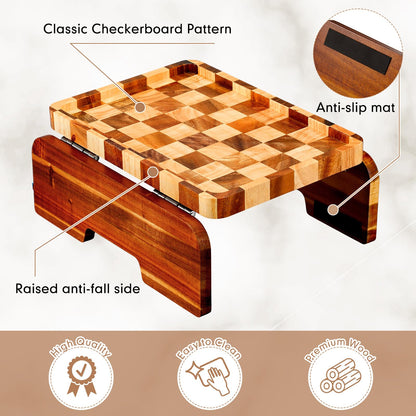 Kathfly Acacia Wood Checkered Sofa Armrest Tray, 13.75" x 9.5" Double Hinge Couch Arm Table, Clip on Sofa Arm Tray, Wooden Side Table for Food Snack Remotes Living Room Decor Mother's Day