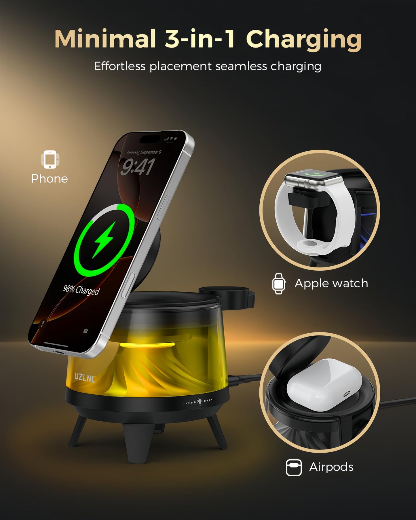 UZLNL 3 in 1 Wireless Charging Station for Apple Devices,Mag-Safe Charger Stand,Magnetic Wireless Charger Station,RGB Ambient Light,for iPhone 17 Pro Max 16 15 14 13 12,AirPods & Apple Watch Series