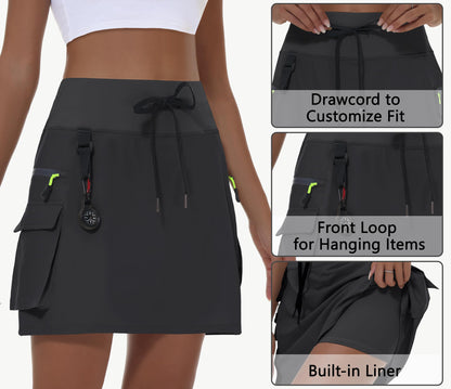 MIVEI Women's Hiking Cargo Skort Skirt High Waisted Golf Dressy Casual with Zipper Pockets Workout Sport Quick Dry Skirts Black