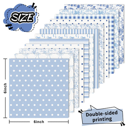 Whaline 24 Sheets Bow Floral Pattern Paper Blue Flower Stripe Dot Scrapbook Spring Specialty Paper Double Sided for DIY Crafts Card Making Photo Album Decor, 6 x 6 Inch
