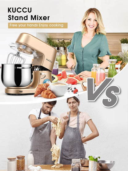 9.5 QT Double Handle KUCCU Stand Mixer, 6 Speed with Pulse Electric Kitchen Mixer, 660W Tilt-Head Food Mixer with Dishwasher-Safe Dough Hook, Flat Beater, Whisk, Splash Guard for home baking (Silver)