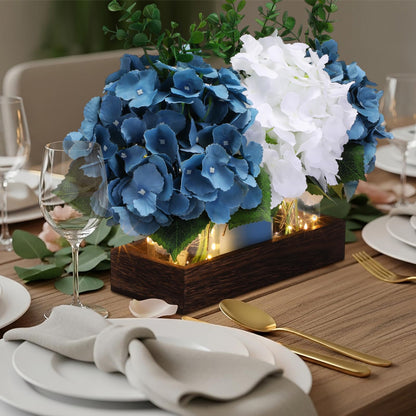 Suncalla 3 Pcs Blue Hydrangea Centerpiece for Table Artificial Hydrangea Flowers with LED Light Mason Jar Wood Tray Eucalyptus Stems Blue Table Decor for Coffee Wedding Kitchen Dining Living Room