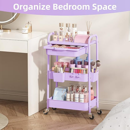 3 Tier Metal Rolling Utility Cart with Drawer & Lockable Wheels - Heavy Duty Multifunctional Storage Organizer with 2 Cups and 4 Hooks for Bathroom, Kitchen, Snack, Craft, Makeup, Baby Essentials