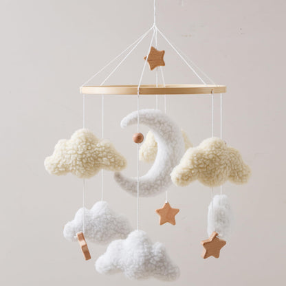 Baby Mobile for Crib – Handmade Moon & Cloud Baby Crib Mobile with Plush Sherpa Texture, Nursery Mobiles Felt Hanging Toy with Beech Wood Ring, Mobile for Crib Neutral Bassinet Baby Decor Gift