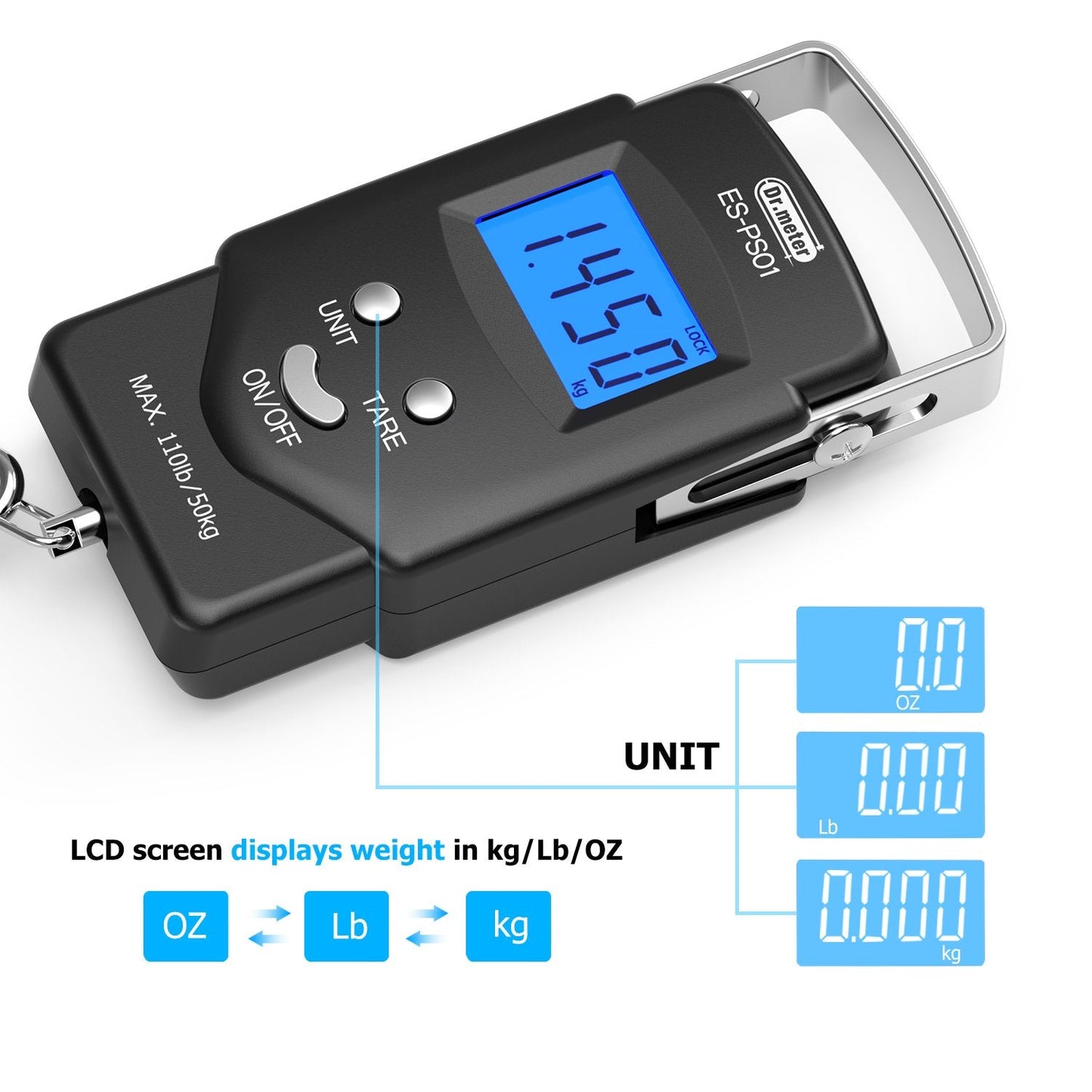 Dr.meter Fish Scale Luggage Scale - PS01 110lb/50kg Backlit LCD Display Digital Scale with Built-in Measuring Tape - Fishing Scale with 2 AAA Batteries, Pocket Size - Fishing Gifts for Men
