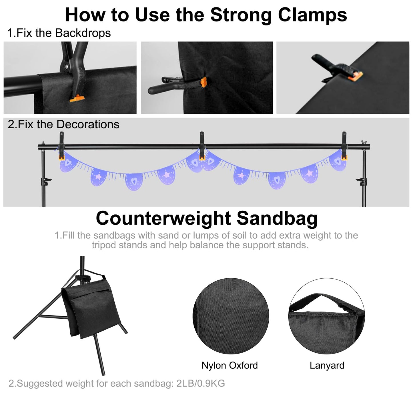 10x7ft Adjustable Photography Backdrop Stand Kit – Photo Studio Background Support with 4 Crossbars, 4 Clamps, 2 Sandbags (with 10 * 7 Feet Black Backdrop Curtain)