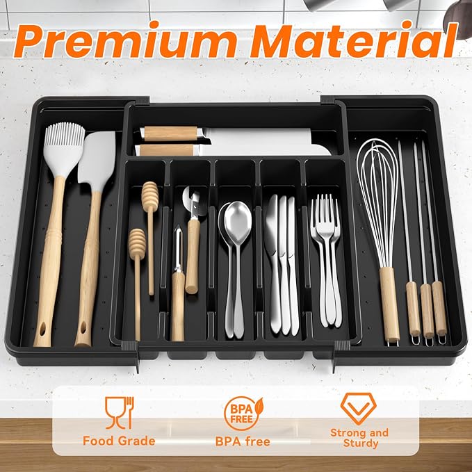 RoomHacks Large Silverware Organizer,Expandable Utensil Drawer Organizer,BPA Free Utensil Holder,Adjustable Silverware Tray Cutlery Drawer Organizer for Kitchen Flatware,Large,Black (6-8 Slots)