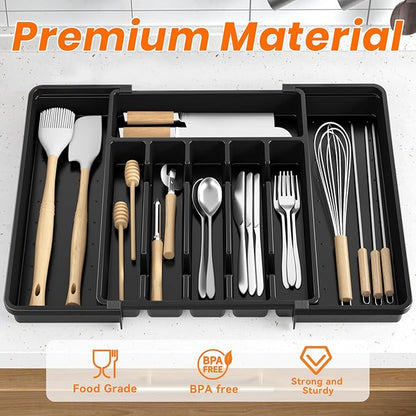 RoomHacks Large Silverware Organizer,Expandable Utensil Drawer Organizer,BPA Free Utensil Holder,Adjustable Silverware Tray Cutlery Drawer Organizer for Kitchen Flatware,Large,Black,2 Pack