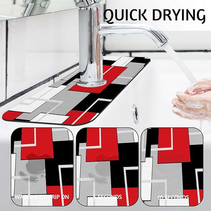 MCALK Geometric Red Kitchen Sink Faucet Mat Splash Guard, Absorbent Quick-Dry