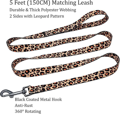 Dog Collar Leash Set, Leopard Pattern, Polyester Material, Adjustable Collar and 5ft Matching Leash, for Medium Dogs.(M, Yellow Leopard)