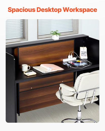 VEVOR Reception Desk, 62 Inch Rectangular Front Counter Table, Office Reception Desk Front Retail Counter with LED Light, for Checkout, Lobby, Beauty Salon and Office, Black & Brown