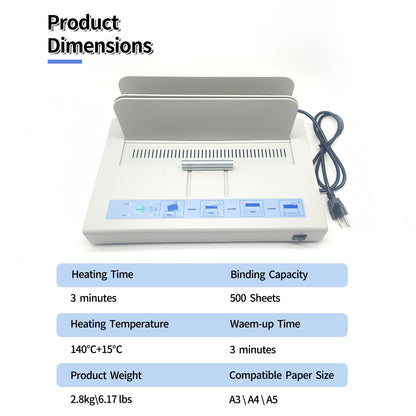 Thermal Binding Machine, 500 Sheets Capacity 50mm Thickness - 110V Hot Melt Binder Compatible with A3(Short Edge)/A4/A5/A6 Documents