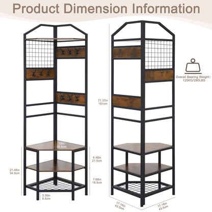 SIMHOMSTOR Heavy Duty Corner Hall Tree Organizer, 3-in-1 Industrial Freestanding Coat Storage Rack with Hooks and 4 Wooden Shelves for Entryway, Black