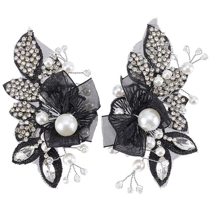 FINGERINSPIRE 1 Pair 4.4x2.5x0.5inch White Pearl Beaded Applique Rhinestone Flower Patch DIY Crafts Wedding Dress Embellishment for Bridal Hair Comb Decoration Black Floral Sew On Decoration