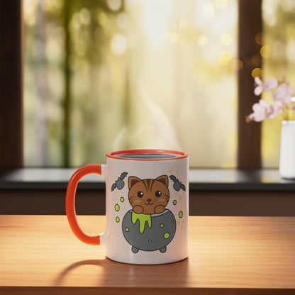 Cat Halloween Cauldron Bat Happy Halloween Ceramic Mug, Orange/White