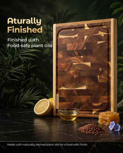 ARMORBEAR End Grain Acacia Wood Cutting Board, Reinforced Shield+Frame™ Edge Lock, Thick Butcher Block Cutting Board for Kitchen, Large Wooden Chopping Board with Juice Groove, 15.8 x 11.2 x 1.2 Inch