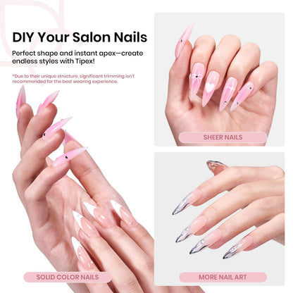Beetles Tipex Gel Nail Kit, Medium Almond Nail Tips 224 Pcs 16 Sizes Pre-Building Pre-Etched Thick Acrylic Tips with Tipex Glue, Mini Lamp