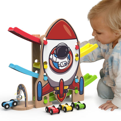 Letoiz Wooden Race Track for Toddlers 2-4, Rocket-Themed Car Ramp Racer Toy with 4 Cars, Bell Sound Zigzag Playset, Fine Motor Skills, Birthday for Boys and Girls