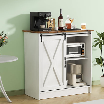 SOFTLYNICE Farmhouse Coffee Bar Cabinet, Coffee Bar Table with Sliding Barn Door, Suitable for Kitchen, Dining Room and Living Room