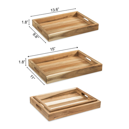 Natural Acacia Wooden Rectangular Serving Tray with Handles, Set of 2 (15"x11" & 13.6"x9.6"), Large Tray for Ottoman, Breakfast in Bed, Dinner, Coffee Table Decor & Kitchen
