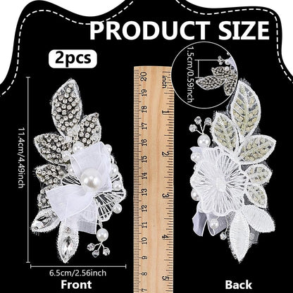 FINGERINSPIRE 1 Pair 4.4x2.5x0.5inch White Pearl Beaded Applique Rhinestone Flower Patch DIY Crafts Wedding Dress Embellishment for Bridal Hair Comb Decoration White Floral Sew On Decoration