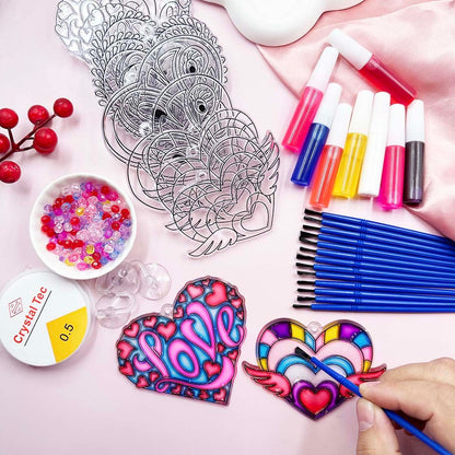 AUEKIV 30 Sets Valentine's Heart Suncatchers Craft DIY Kit Window Paint Art Suncatchers Valentine's Day Heart Sun Catcher Art Crafts Supplies for Valentine Gift Exchange Classroom Activities