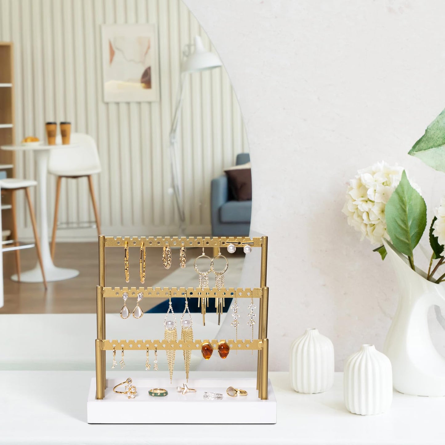 SANY DAYO HOME 3-Tier Earring Holder Organizer Stand, 105 Holes Gold Metal Earring Rack Jewelry Display Tree with White Wood Tray for Women and Girls