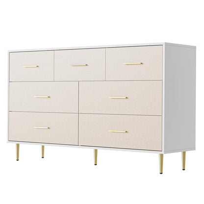 Garvee White Dresser, Modern 7 Drawer Dresser for Bedroom with Gold Handle and Legs, Wooden Nightstand with Linen-Textured Surface, Narrow Accent Cabinet End Table for Living Room, Hallway, Entryway