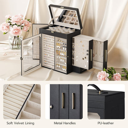 HOOBRO Jewelry Box with Mirror and 5-Tier Jewelry Box Bundle, Travel Jewelry Organizer with Glass Window, Jewelry Storage Box with 2 Vertical Drawers, BK03JB04G2-BH19JB04