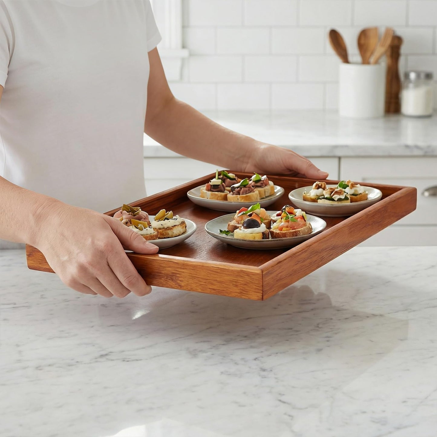 HOIGON 3 Piece Wooden Serving Trays, 16 x 11 Inch Rectangular Wooden Platter Decorative Serving Tray for Food, Snacks, Breakfast, and Kitchen Use, Home Dining