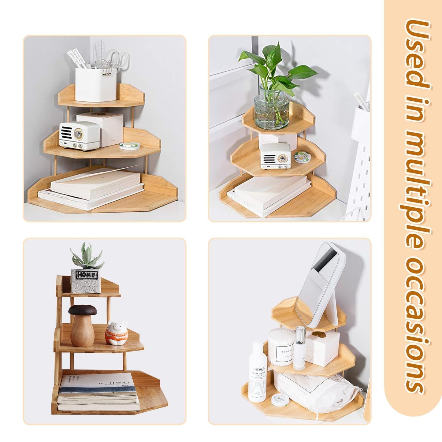 HYNAWIN Bamboo Corner Desk Organizer Shelf, 3-Tier Triangle Storage Rack for Office & Home, Space-Saving Desktop Shelf for Books, Stationery, Makeup, Small Items