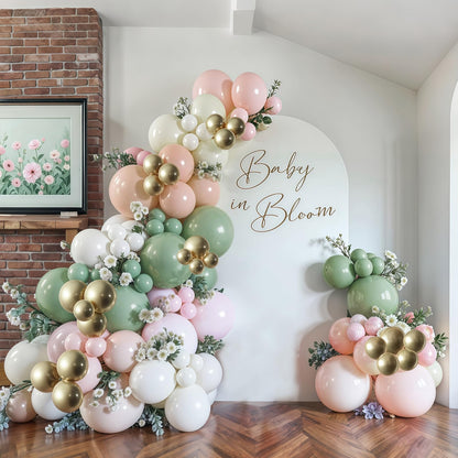 Baby in Bloom Balloon Arch Kit, 134Pcs Dusty Sage Green and Pastel Pale Pink Cream White Beige Light Gold Floral Balloon Garland for Girls Boho Baby Shower Flower Birthday Garden Tea Party Decorations