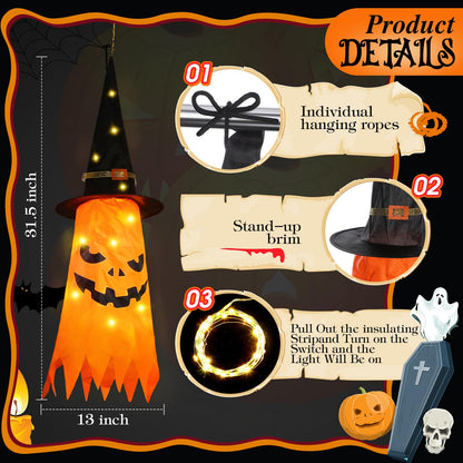 Qilery 6 PCS Hanging Witch Ghost Hats Decorations - Halloween Hanging Ghosts Decorations Outdoor - 31 Lighted Pumpkin, Cat, Mummy, Vampire, Zombie Theme for Yard Tree Porch Patio Garden Party