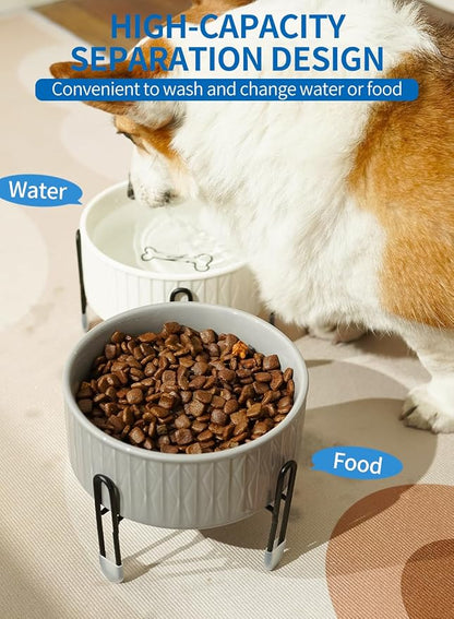 32 oz Ceramic Dog Cat Bowls with Elevated Metal Stand | 6.5 Inch Wide, 2 Heights, Round Pet Food and Water Feeder Bowl Dish, for Cats & Dogs, White & Grey