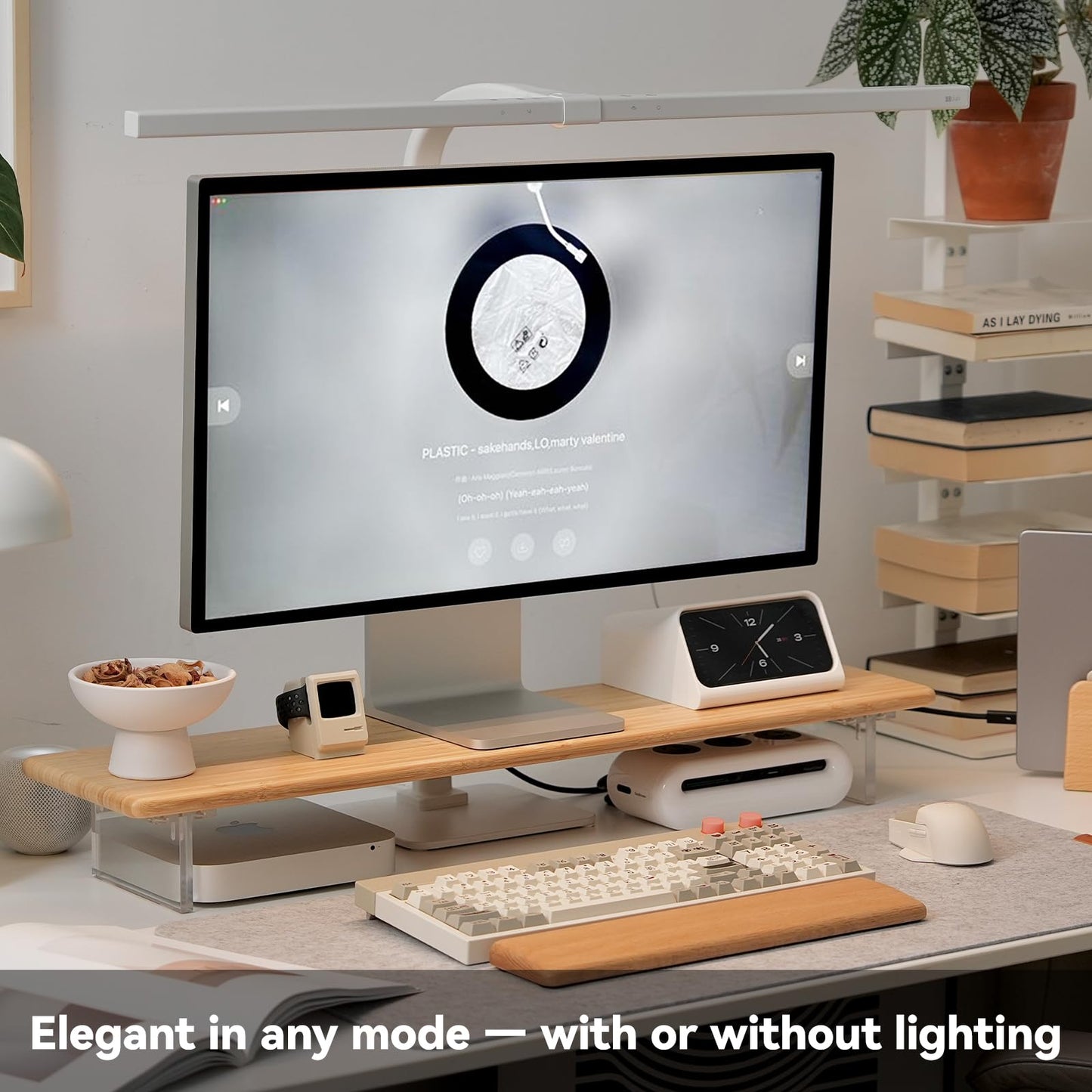 ROCDEER Wood Vanity Tray and Bamboo Dual Monitor Stand Riser with RGB Lights Natural