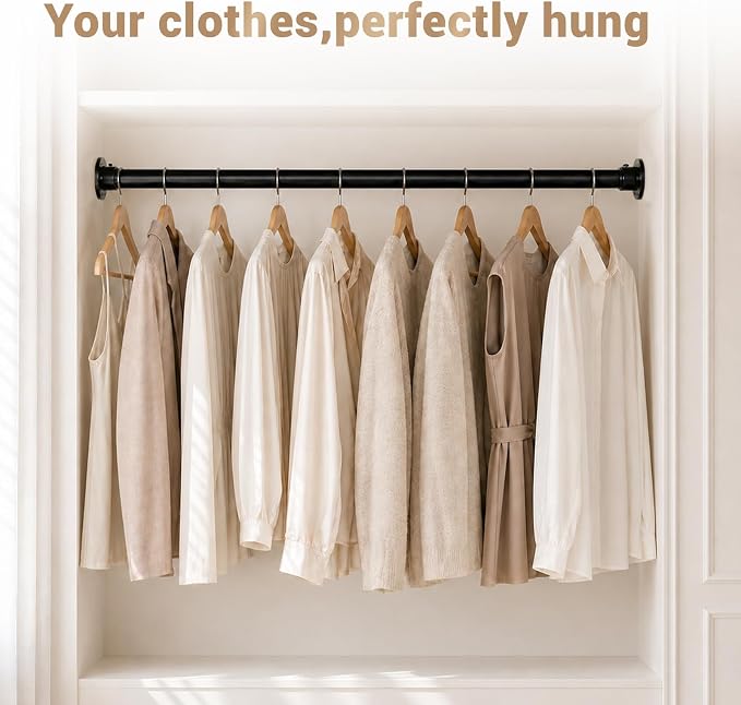 Closet Rod Adjustable 17 to 83 Inch, 1-1/4” Diameter, Closet Rods for Hanging Clothes, Stepless Metal Heavy Duty Hanging Rod for Closet Wardrobes Laundry RV (Black)
