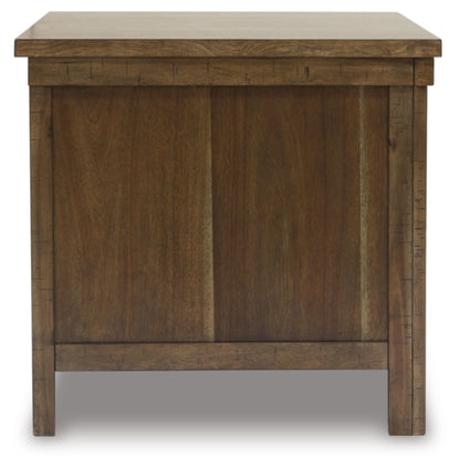 Signature Design by Ashley Moriville Rustic Farmhouse Rectangular End Table with Dual Cabinet Doors, Antique Bronze-Tone Hardware, Wood, 25" High, Brown