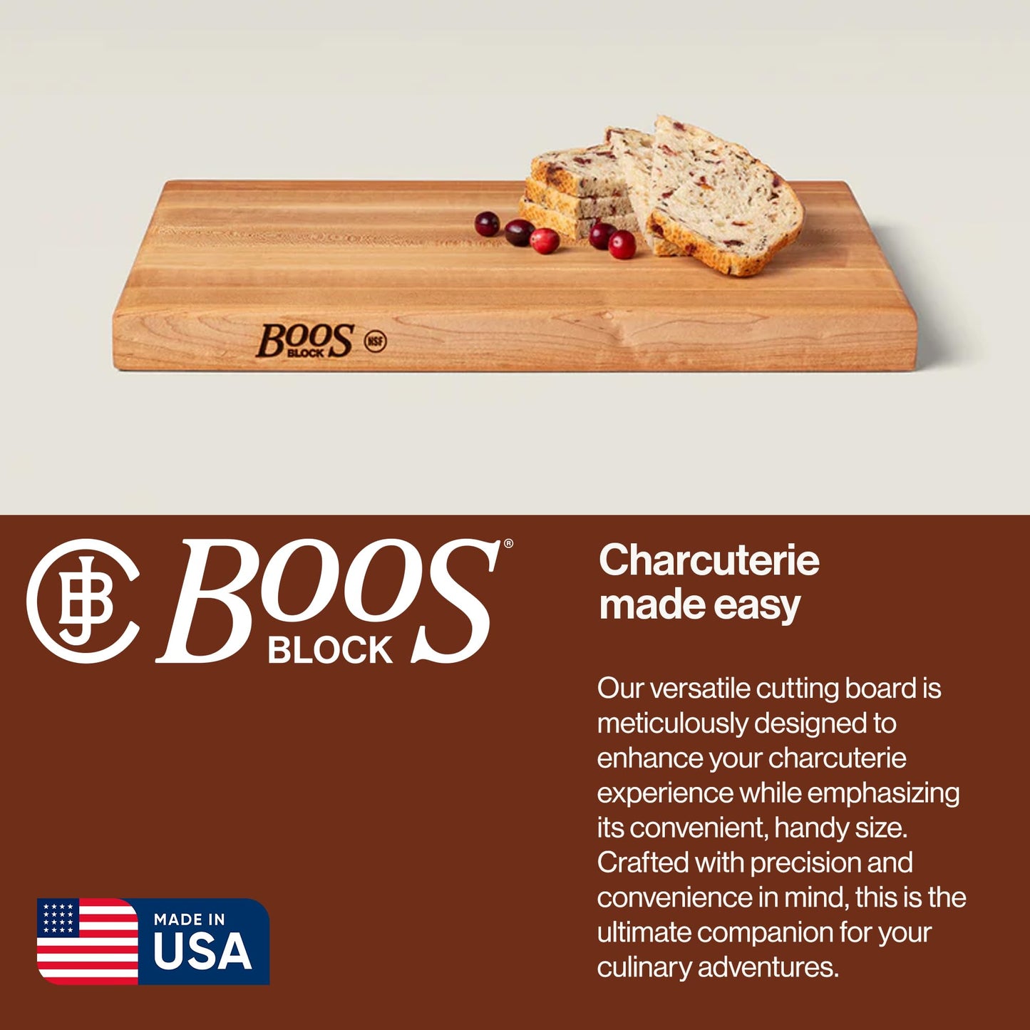 John Boos R-Board Series Rectangular Wooden Maple Cutting Board 18”x12” – 1.5” Thick, 10-lb Reversible Butcher Block with Edge-Grain & Finger Grips – Made in the USA