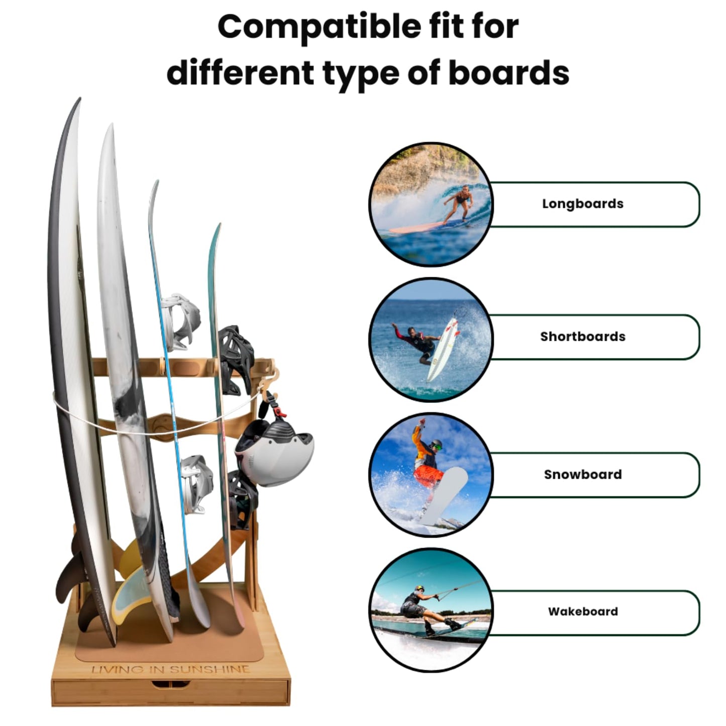 Living in Sunshine LISS Bundle with The Vertical Surfboard Spirit Rack 3-Board, Wax Box and Clean Fin (Surfboard Fin Removal and Installation Tool, Sand Brush Remover)