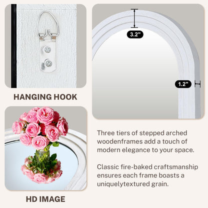 LXWZHK 40"x30" Arched Wooden Frame Wall Mirror, Rustic Vanity Wall Mirror for Bathroom, Bedroom, Rustic White