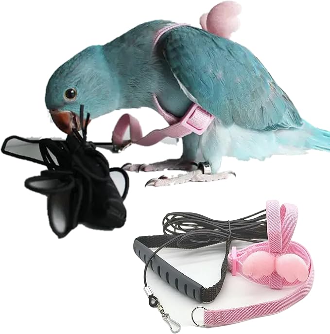 Pet Parrot Bird Harness Leash Adjustable Bird Flying Harness Traction Rope with Cute for Parrots Budgerigar Lovebird Cockatiel Mynah Outdoor Training Toy (Mynah,Pink)