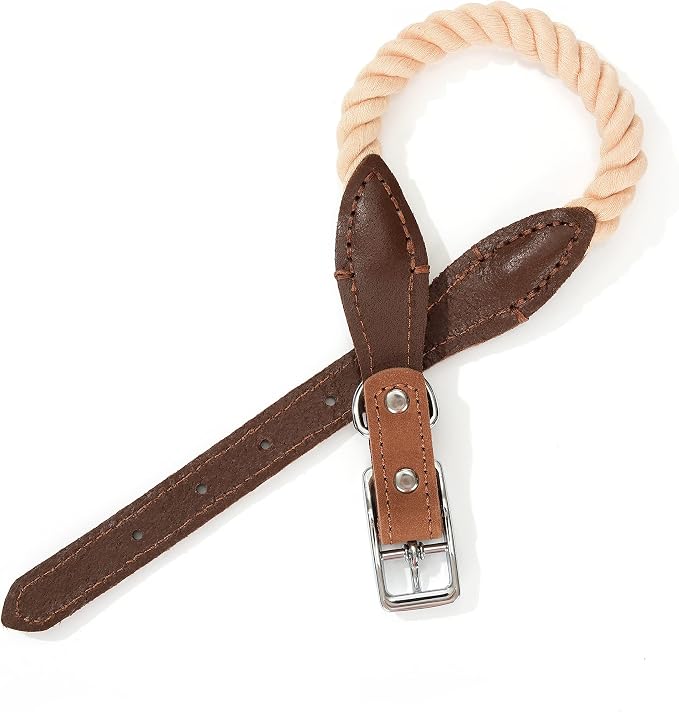 Mile High Life Genuine Leather Dog Collar, Durable Braided Cotton Rope Collar with Metal Pin Buckle for Small Medium Large Dogs (Light Brown, S Neck 11"-15")