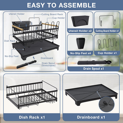 Dish Rack Lightweight & Space-Saving Drying Rack with Drainboard Large Capacity Anti-Rust Kitchen Counter Organizer with Cup, Utensil & Cutting Board Holders for Dishes, Bowels, Spoons and Forks