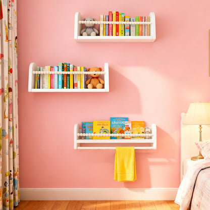 OurWarm Nursery Book Shelves for Wall Set of 3, White Natural Wood Nursery Floating Shelves with Towel Bar, Wall Mounted Floating Bookshelves for Baby Room Kids Room Living Room Storage and Decor