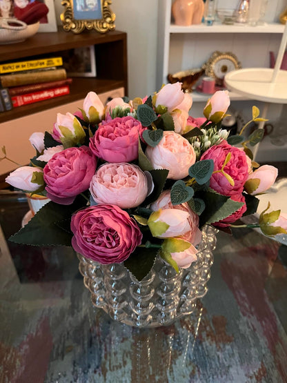 DEEMEI 4 Bundles Peonies Artificial Flowers, Fake Silk Peonies Bouquet of Flowers for Home Decor Faux Floral Table Centerpieces for Kitchen Bathroom Wedding Party Decor(Rose Red+Pink)