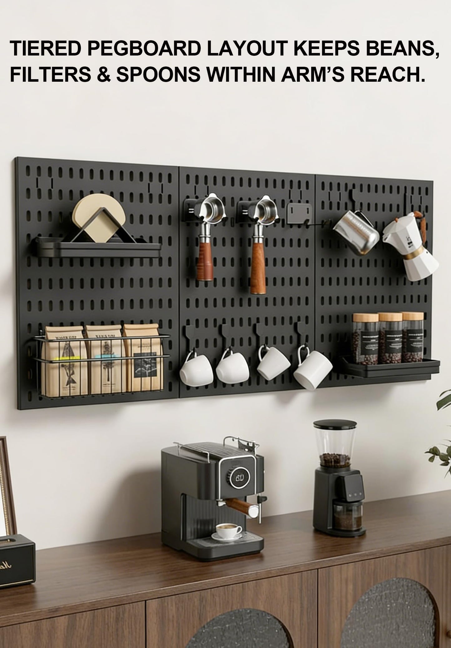 Txjyuyy Coffee Pegboard Wall Storage Set – Wall-Mounted Coffee Mug Holder with Hooks, Cup Racks & Baskets– Home & Office Coffee Stations （Black）