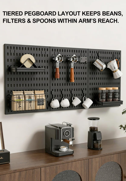 Txjyuyy Coffee Pegboard Wall Storage Set – Wall-Mounted Coffee Mug Holder with Hooks, Cup Racks & Baskets– Home & Office Coffee Stations （Black）