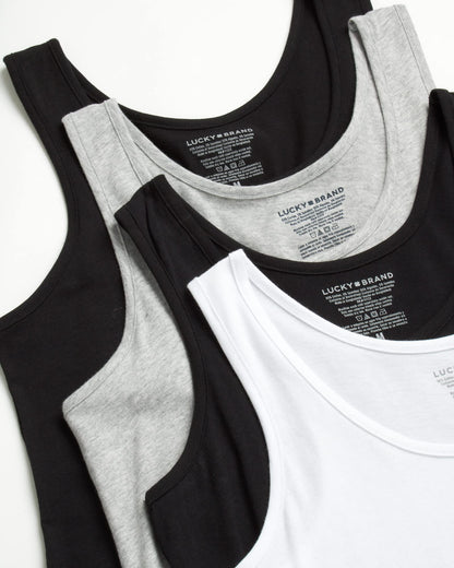 Lucky Brand Women's Tank Top - 4 Pack Stretch Cotton Scoop Neck Sleeveless T-Shirt (S-XL), Size Medium, Black/Grey/Black/White