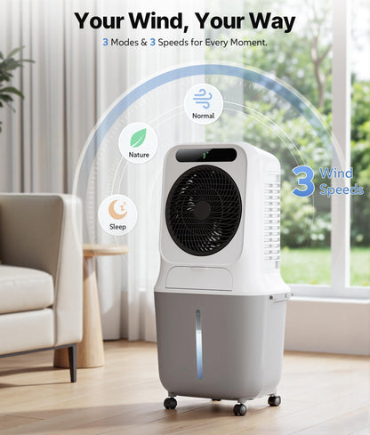 Exnos Portable Evaporative Swamp Cooler - Portable Air Conditioner with 3 Modes & 3 Speeds, 6.6 Gallon Cold Air Cooler, Cooling Fans that Blow Cold Air for Home, Office, 2 Ice Packs